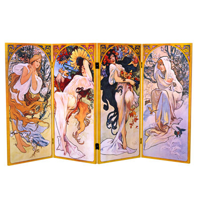 71" x 51.66" Tall Double Sided Four Seasons Canvas 4 Panel Room Divider