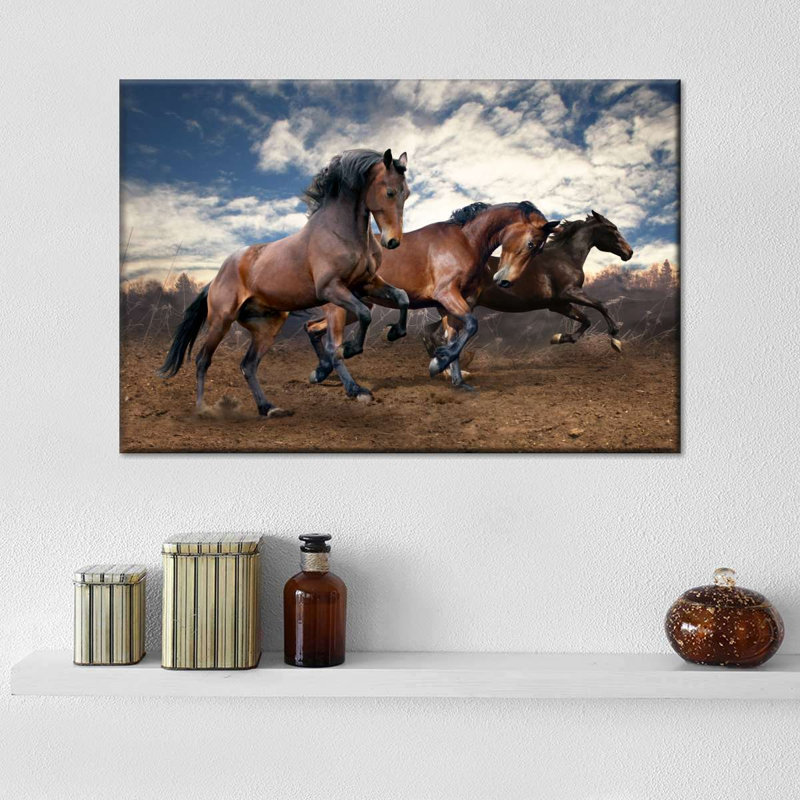 Chevaux en liberté sur toile, H 16 po x l 24 po x P 1,25 po