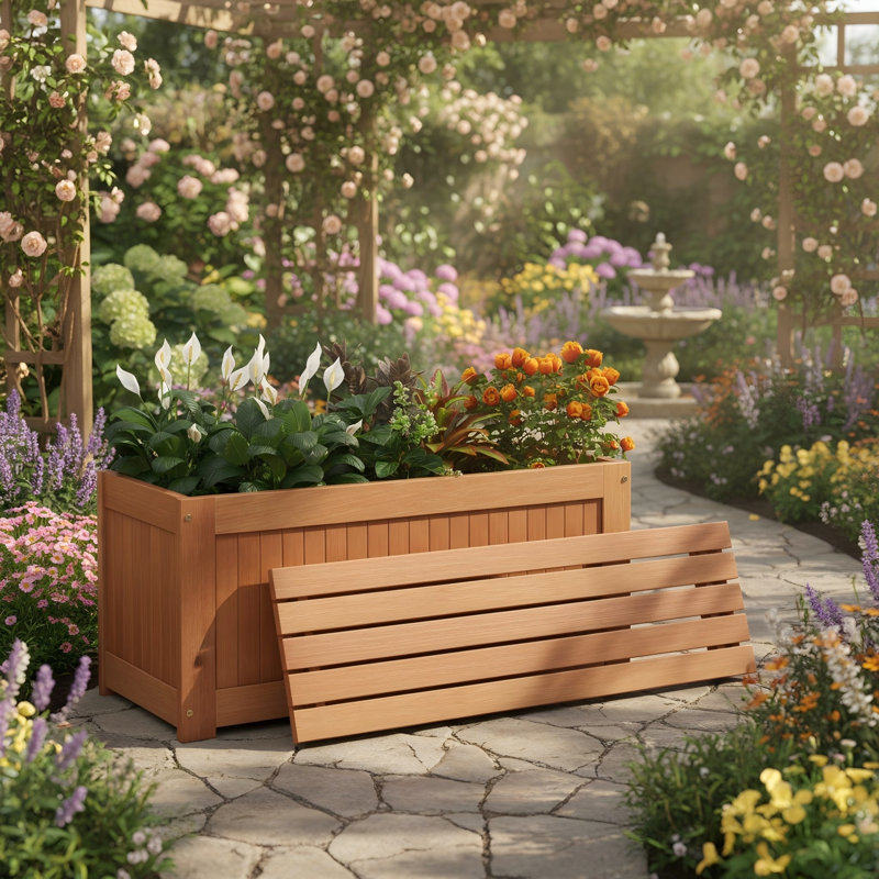 Boîte à fleurs d'extérieur avec siège, bac à plantes surélevé en bois franc Shorea