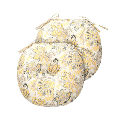 Ensemble de 2 coussins ronds capitonnés avec attaches, 38 x 38 x 10 cm, résistants à l'eau, motif de fleurs jaunes.