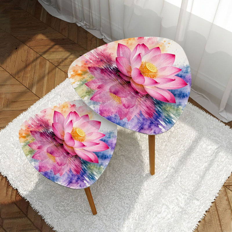 Ensemble de 2 tables basses gigognes en forme de triangle, lotus roses, fleurs rétro, aquarelle, peinture florale douce, table de bout, table d'appoint minimaliste moderne pour salon, chambre à coucher