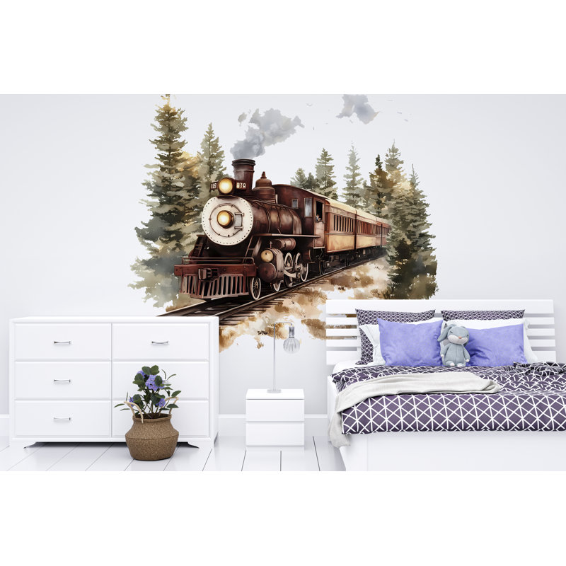 Décalcomanie en vinyle Rustic Train - Autocollant mural de machine à vapeur classique - Décoration de train amovible pour chambre d'enfant, chambre de bébé
