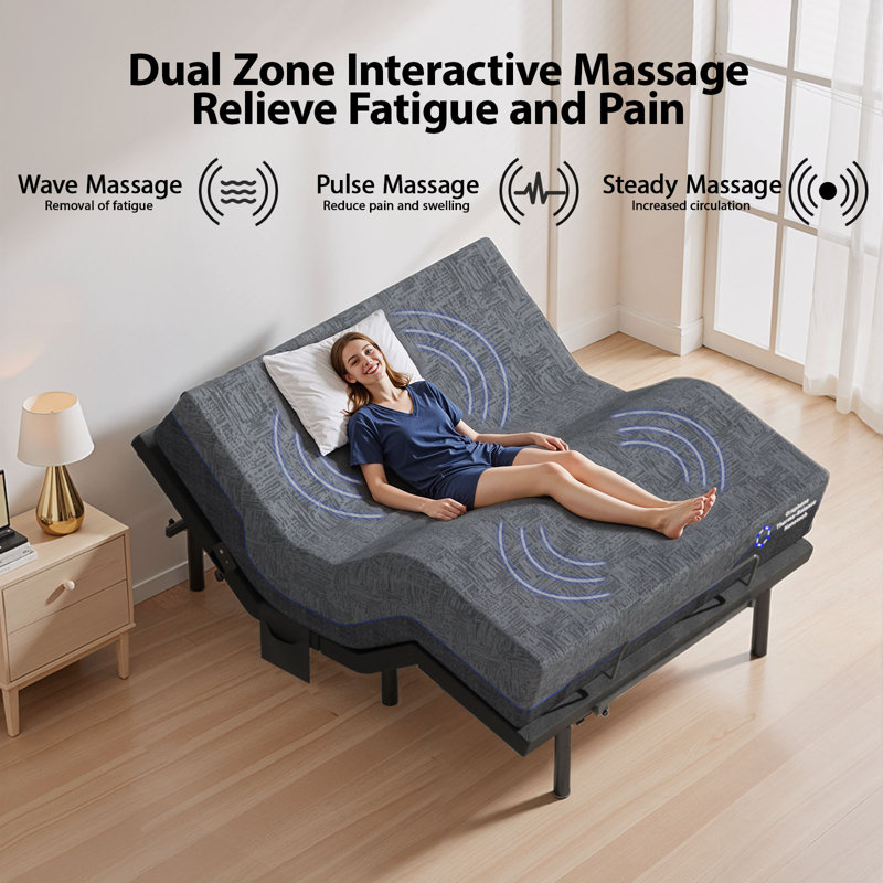 Structure de lit réglable avec massage, télécommande sans fil, zéro gravité, 4 ports USB, veilleuse sous le lit, assemblage rapide en 3 minutes