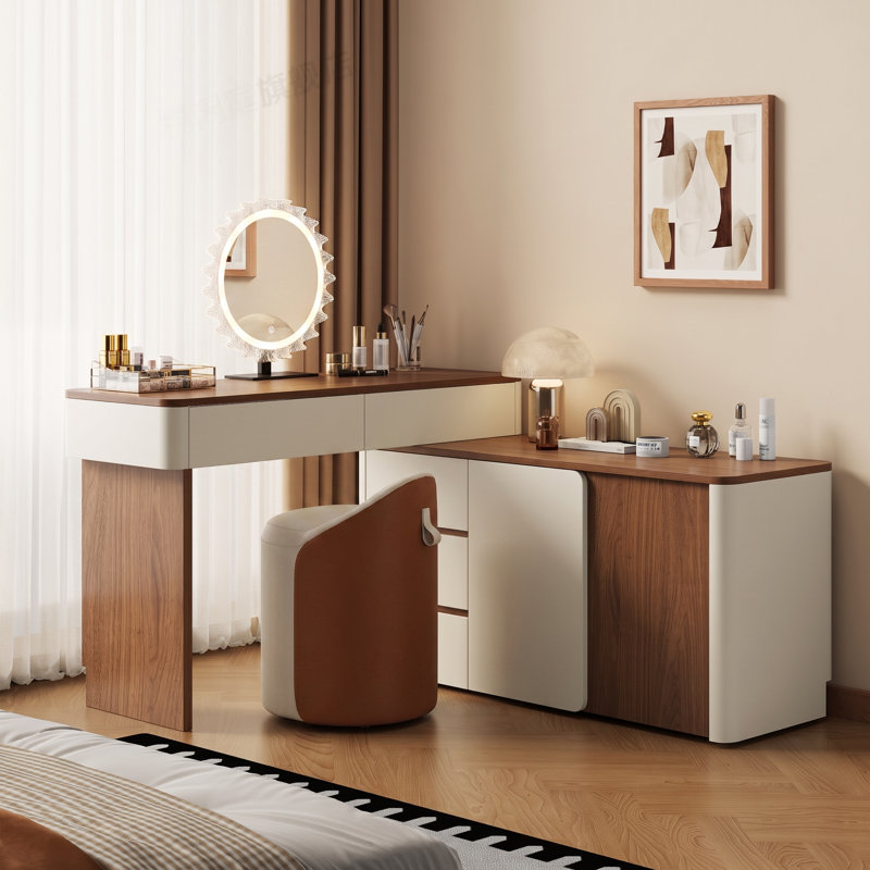 Bureau de coiffeuse moderne et extensible pour femmes et filles avec 5 tiroirs, 2 tablettes de rangement et un design sans poignée, blanc et noyer