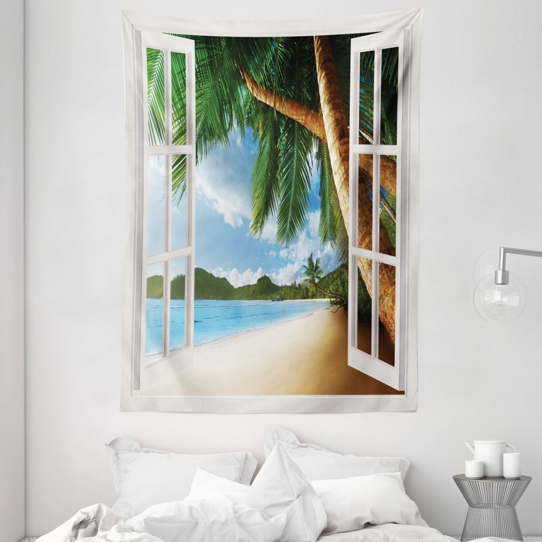 Wandbehang Nautical Theme Fenster Blick auf Palmen auf Sandstrand Foto-Landschaft