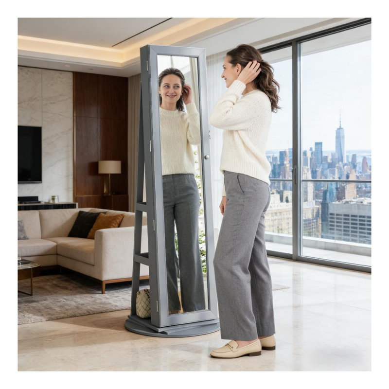 Miroir pivotant gris pleine longueur avec tablettes de rangement intégrées
