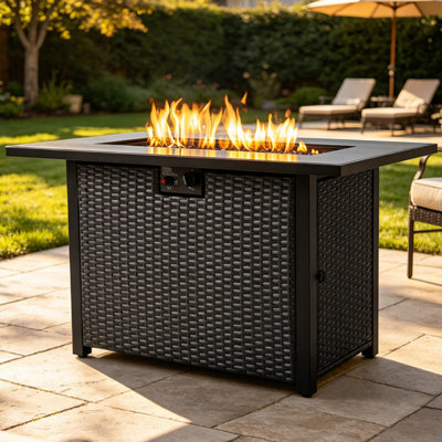 44" 2-in-1 Propane Fire Pit Table, Rectangular Outdoor Heater with Glass Wind Guard, Modern Rattan Patio Coffee/Dining Table