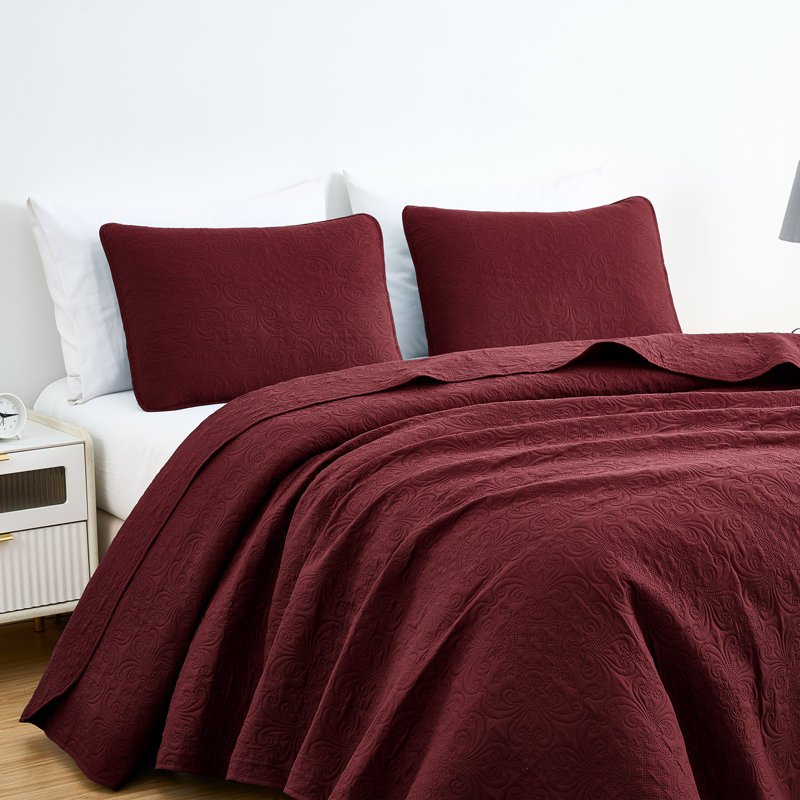 Luca 3-Piece Lightweight Microfiber Oversized Bedspread Set, King Coverlet/Bedspread + 2 King Shams, Burgundy