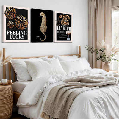 Ensemble d'art mural rétro léopard tendance de 3 Martini cocktail guépard esthétique porte-bonheur, affiche imprimée pour les filles appartement chambre salon bar bureau 12 x 16 po encadré
