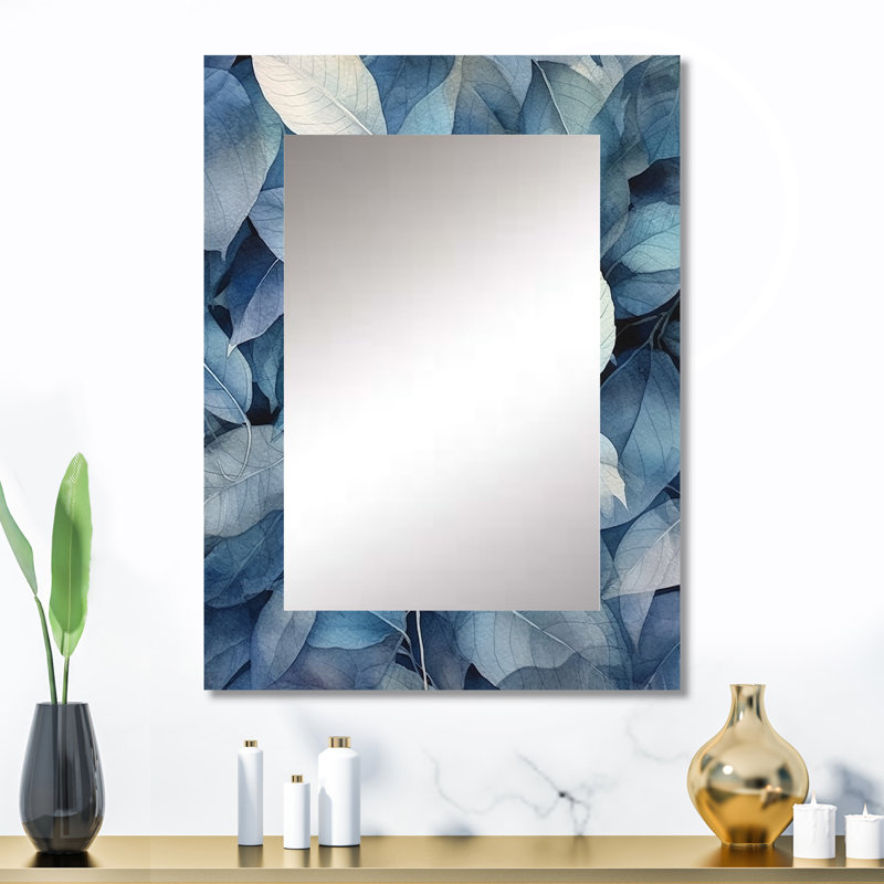 Teal Grey Leafs Harmony - grand miroir mural floral, miroir traditionnel unique, impression d'art en métal, 32 po x 24 po