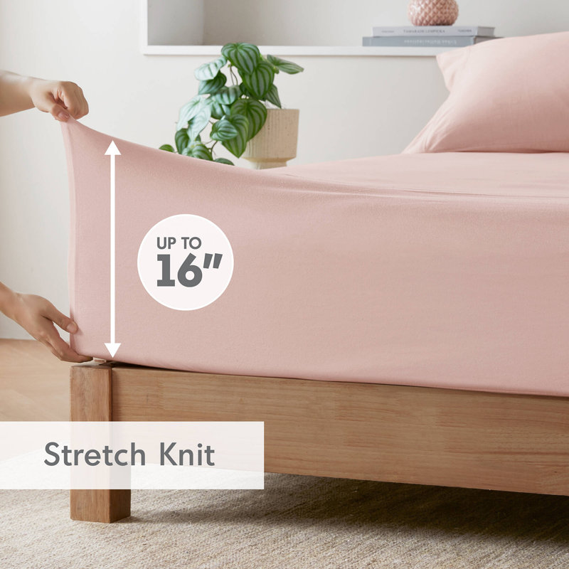  Cotton Blend Jersey Knit All Season Sheet Set, Queen Sheet Set with 2 Pillowcases, Blush
