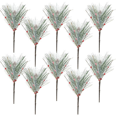 10 branches de pin artificielles - Faux pin enneigé et baies, 12,2 po de hauteur tiges de verdure d'hiver pour arbre de Noël, couronnes, guirlandes et centres de table des Fêtes