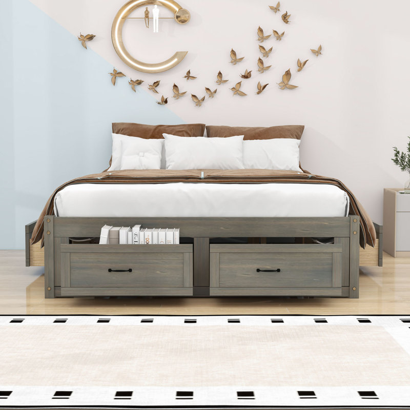 Lit plateforme en bois avec tiroirs et lattes, Antique Grey, Grand lit