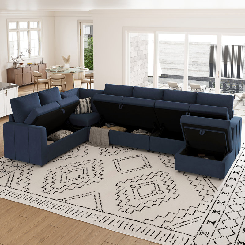 Seybert Luxurious U-Shaped Sofa Velvet Chenille Sectional Sofa For Living Room, Blue Velvet
