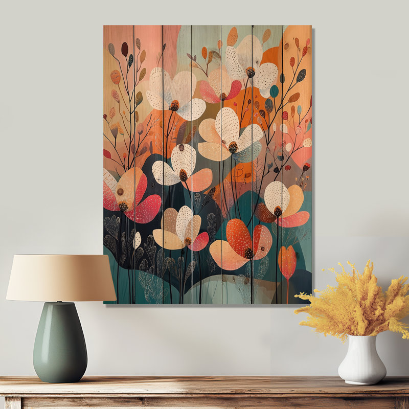 Abstract Botanical Harmony Dogwood Flowers I - Dogwood Wood Wall Decor - On Natural Pine Wood, 44" H x 34" W x 0.78" D