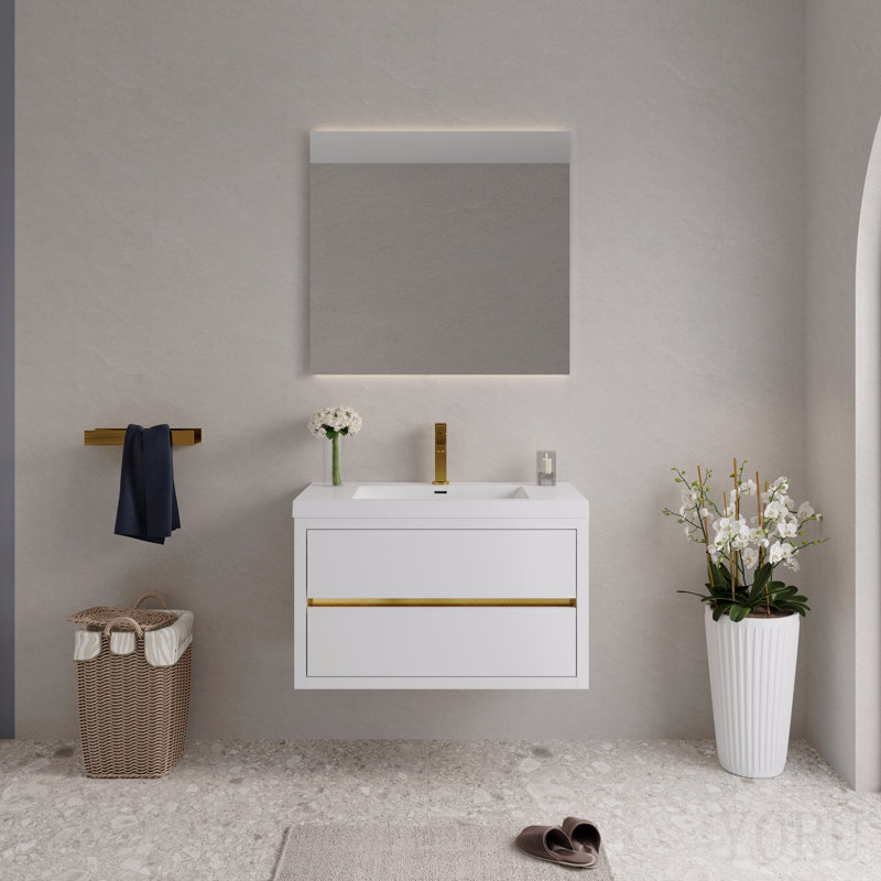 Meuble-lavabo mural 36 po avec lavabo, meuble de rangement flottant avec comptoir en résine de pierre et tiroirs à fermeture en douceur, blanc brillant entièrement assemblé