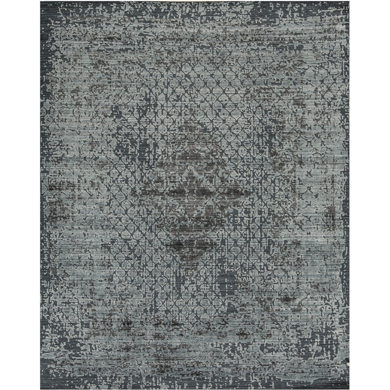 Tapis bleu foncé noué à la main de haute qualité, Rectangle 7 pi 11 po x 9 pi 10 po