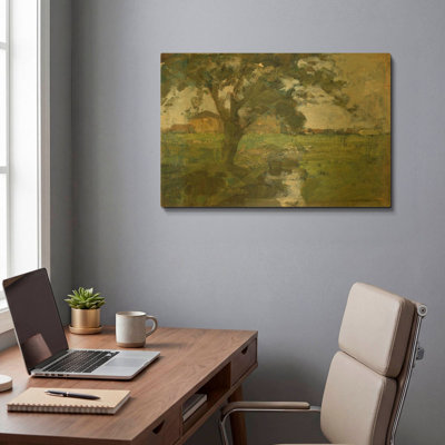 «Farm Colon avec un arbre au premier plan et un fossé d'irrigation, 1900» par Piet Mondrian, art mural en métal doré, 24 po x 16 po