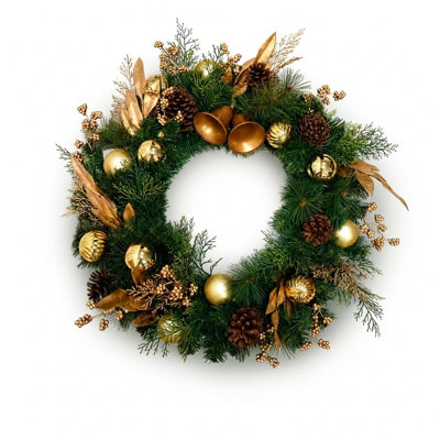 24" Christmas Wreath with Gold Double Bells, Leaves & Fruit | Artificial Green Pine Front Door Wreath for Porch, Window & Wall – Weather Resistant