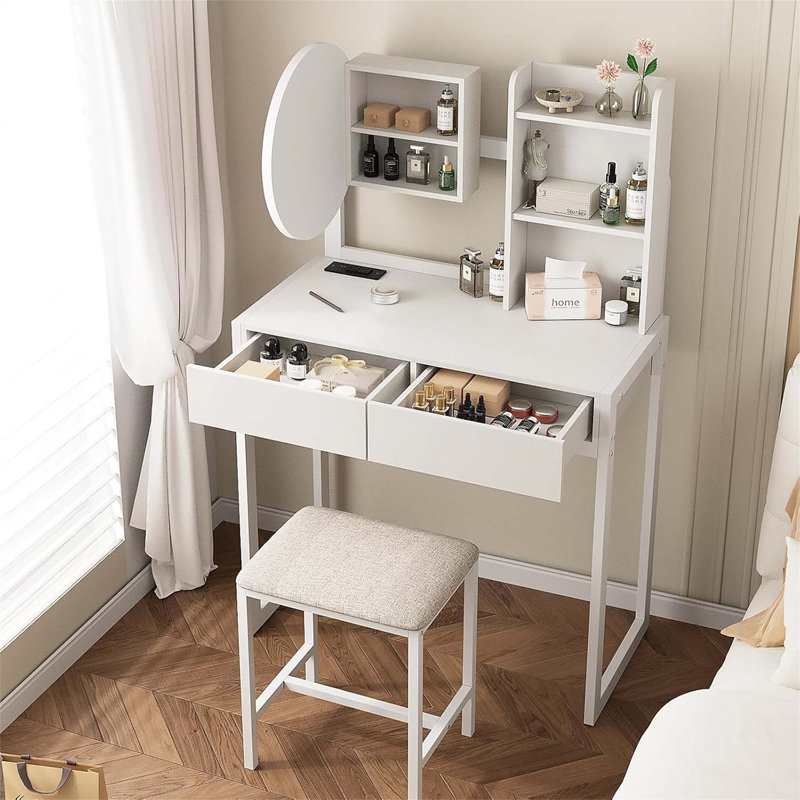Bureau de meuble-lavabo compact à DEL avec miroir réglable, prise de courant intégrée et rangement organisé pour les petits espaces