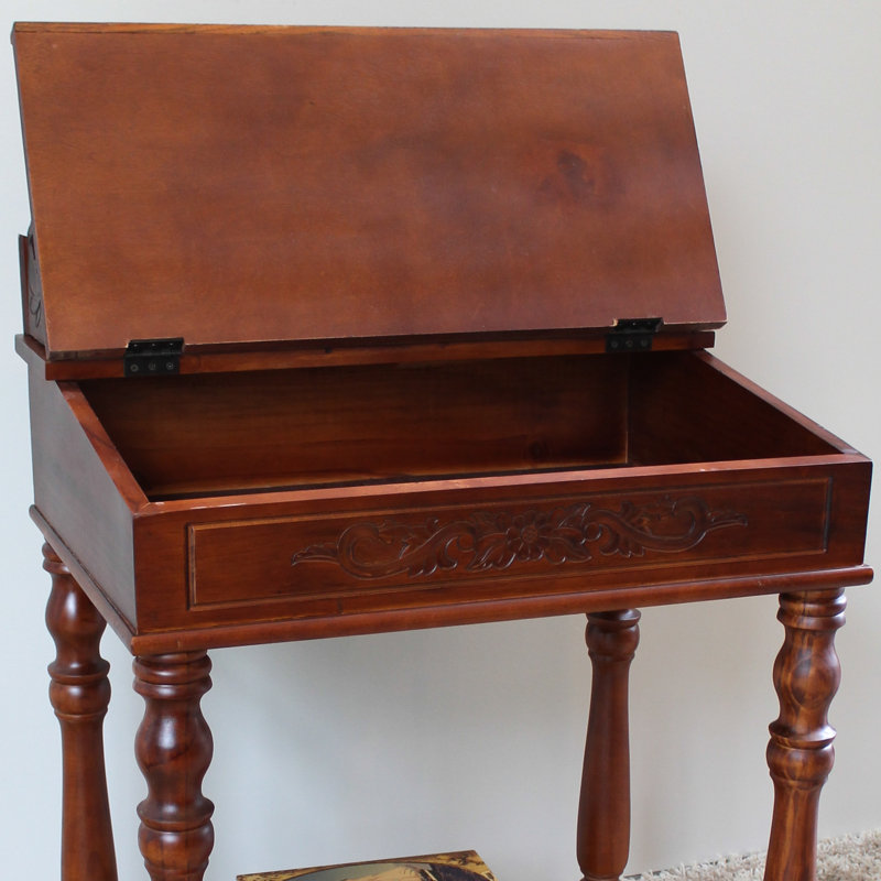 Ornate Hand-Carved Brown Wood Writing Desk with Drawer