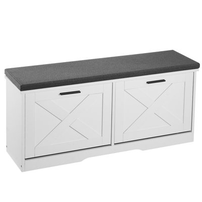 Entryway Shoe Storage Bench 39.4" Wide 2-Tier Shoe Organizer Black and White, with 2 Flip Drawers, 440 lbs Weight Capacity, Storage Rack with Cushioned Seat, Ideal for Hallway, Living Room, or Bedroom