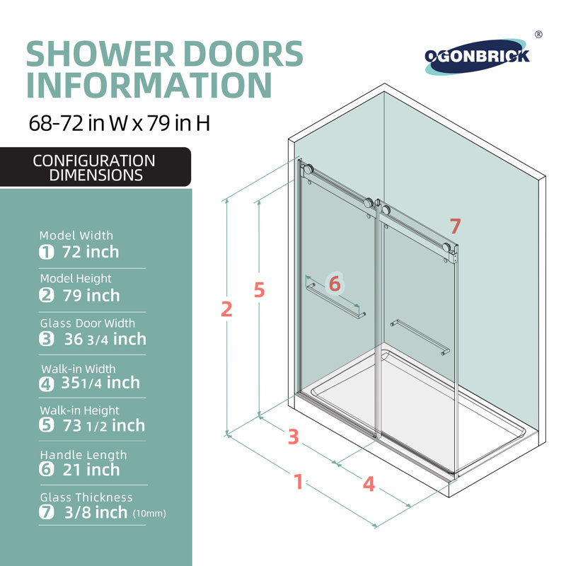 Porte de douche coulissante double sans cadre de l 68 à 72 po x H 79 po avec système de fermeture en douceur amélioré