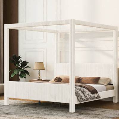 Très grand lit plateforme tapissier avec tête de lit et pied de lit, conception en velours côtelé vertical, beige