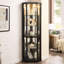 Vitrine de coin lumineuse, présentoir en verre noir pour le vin dans le salon, tablettes réglables et armoire élégante avec système d'éclairage, barre de rangement spacieuse,