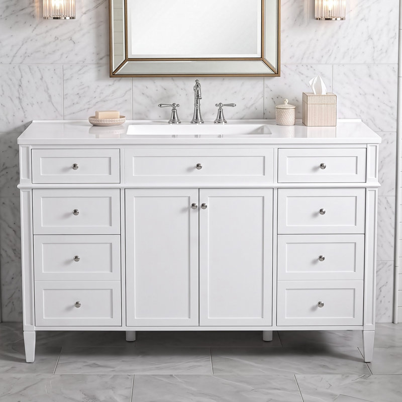 Meuble-lavabo de salle de bain de 48 pouces avec comptoir en lavabo, 6 tiroirs et 2 portes, White