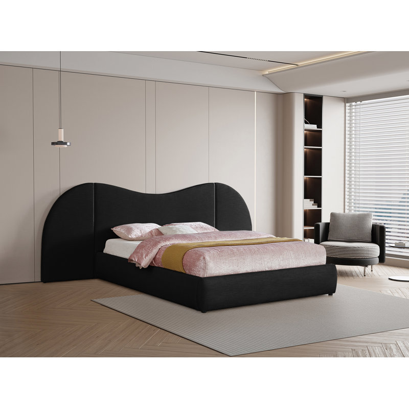 Hyrup Upholstered Panel Bed, King, Black Linen Textured Fabric