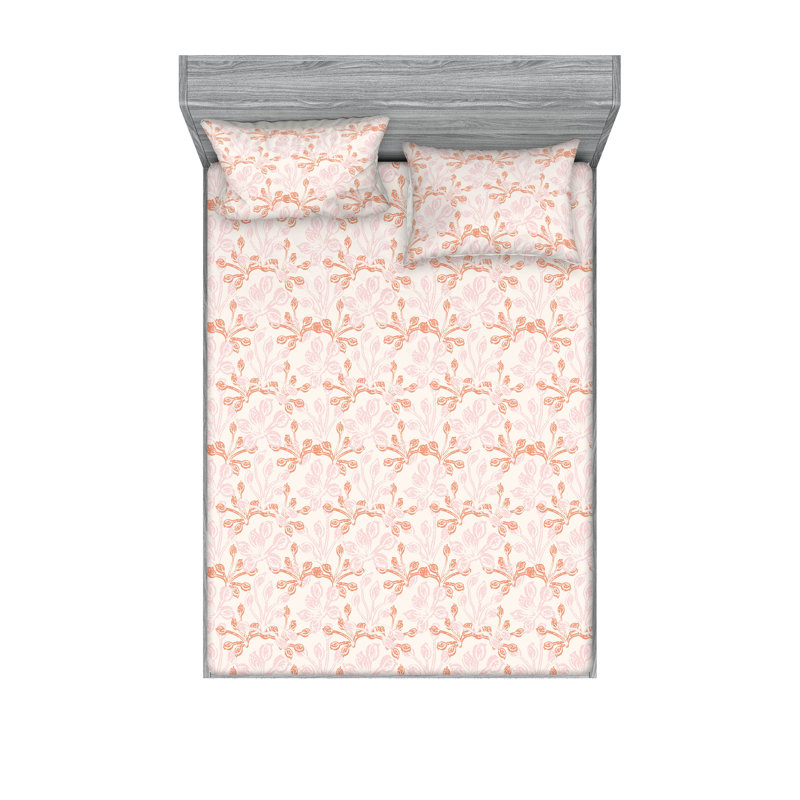 Ambesonne Fitted Sheet & Shams, Queen Sheet Set with 2 Pillowcases, Salmon Rose/Off White Flower