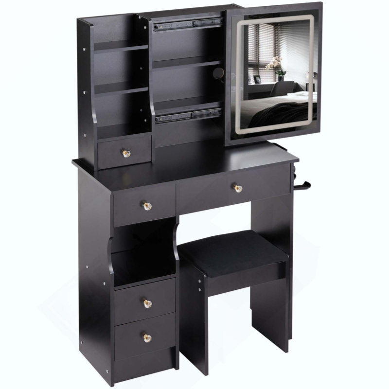Petite coiffeuse avec tiroir de gauche et tabouret rembourré, 2 blocs d'alimentation AC + 2 USB, support pour sèche-cheveux, très grand miroir à DEL coulissant à contrôle tactile, changement de couleur, réglage de la luminosité