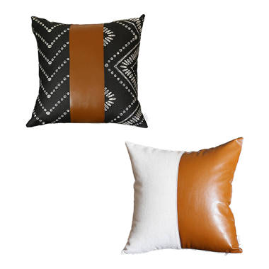 Mike&Co. New York Bohemian Set of 4 Handmade Decorative Throw Pillow Vegan Faux Leather Geometric for Couch, Bedding - Brown - 12 x 20 in