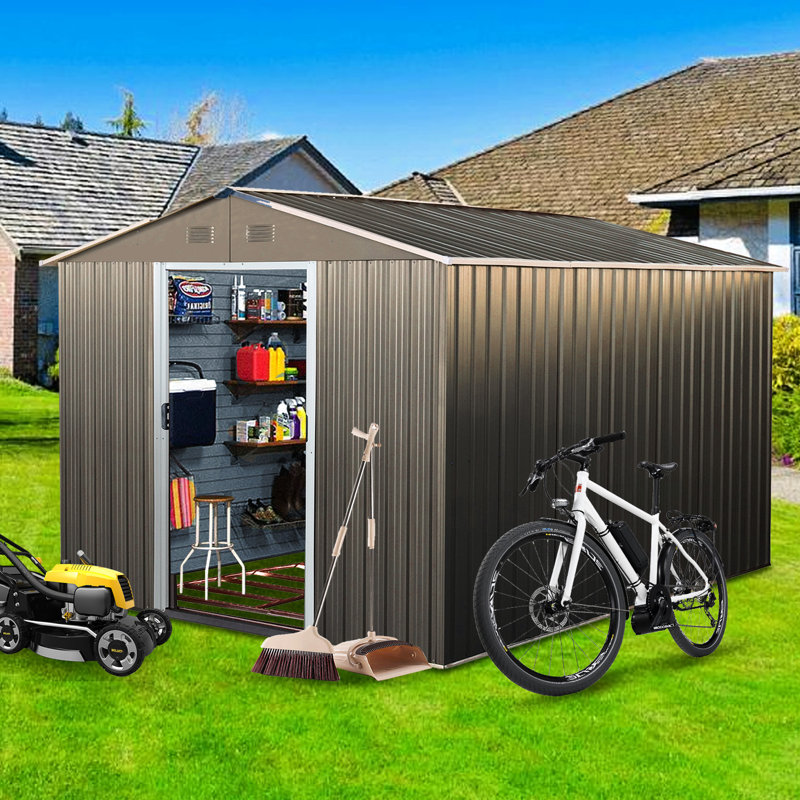 Metal Shed 8X10ft, Gray - Galvanized Iron Build, Protected, With Lock And Hook Shelf Anchor Gloves Sliding Door Padlock Punched Vents 8X10ft Outdoor Robust Structure, Enduring, Easy Diy Build