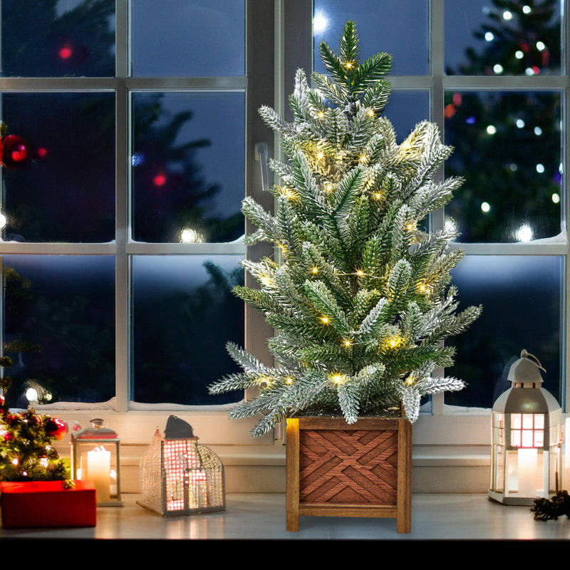 Sapin de Noël artificiel miniature de 60 cm (2 pieds) pré-illuminé, recouvert de neige floquée, petit sapin en pot avec 30 lumières DEL blanc chaud, pot en bois brun, sapin de table idéal pour la maison, le bureau et les fêtes.
