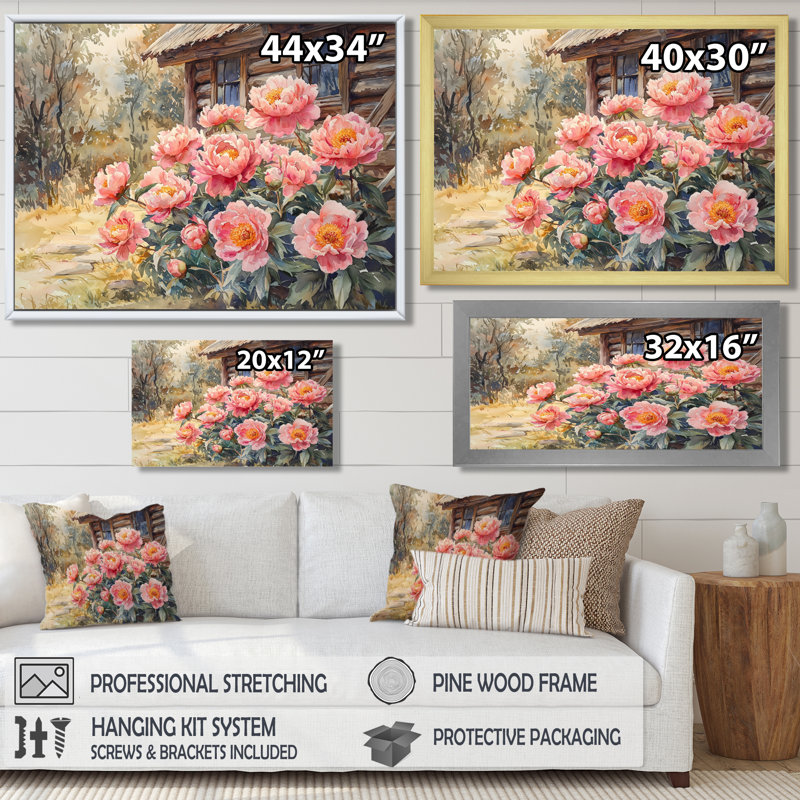 «Doyon Forest Pe pivons» par The Log Cabin III - pivoines, art mural, Impression encadrée flottante, H 16 po x l 32 po