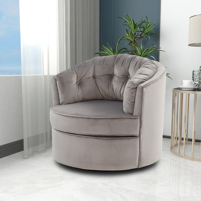 Fauteuil demi-tonneau pivotant en velours Haldeman, Velours gris