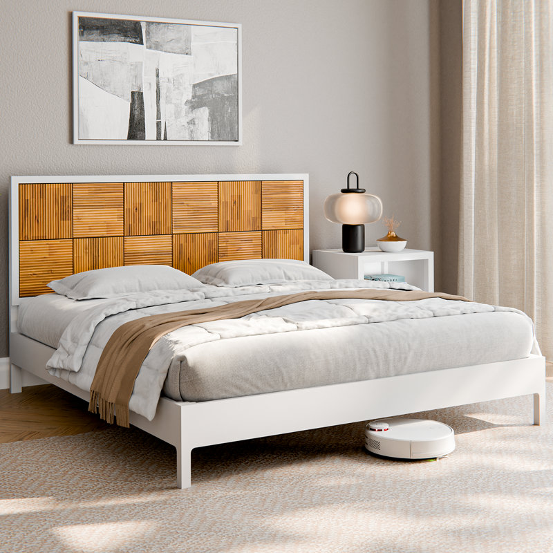 Vivian Jade Platform Bed Frame with Solid Wood and Headboard,  Contemporary Bed Frame, White, King