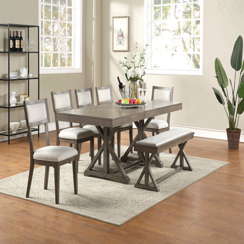 Banc de salle à manger 1 pièce - Bois massif de style contemporain avec placage, siège à coussin crème, pieds uniques