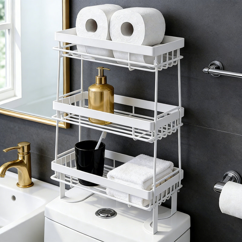 Étagère de rangement au-dessus de la toilette, organisateur de salle de bain sans perçage à 3 niveaux avec porte-papier hygiénique, conception en acier résistant à la rouille pour une salle de bain et des toilettes peu encombrante