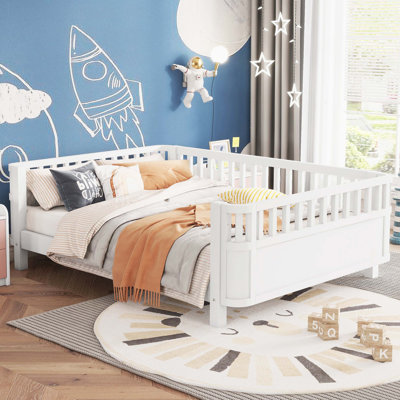 Lit plateforme double en bois pour enfants, lit double en bois à profil bas avec rails pour filles et garçons
