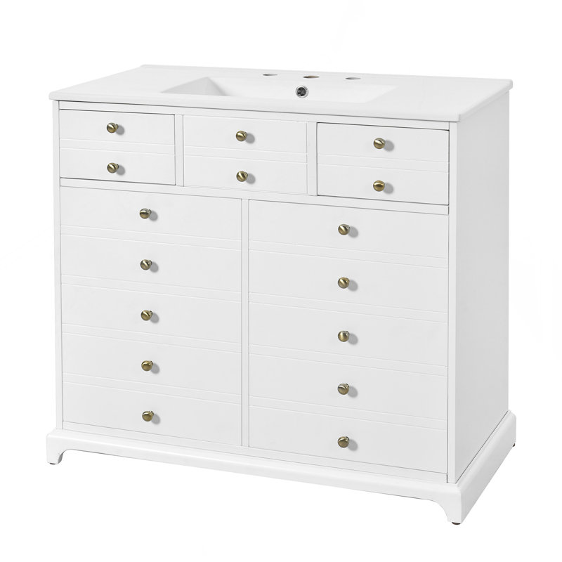 Ensemble de meuble-lavabo 36 po avec lavabo en céramique, meuble de rangement à structure en bois, ensemble de meuble-lavabo autoportant avec 2 tiroirs et portes à fermeture douce, blanc