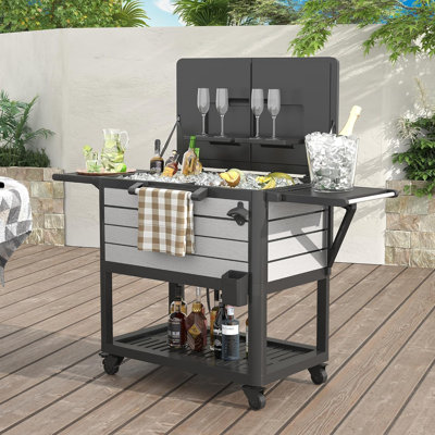 104 Quart Large Capacity Rolling Ice Chest With Shelves, Outdoor Beverage Bar Cart With Handles For Pool Deck BBQ Cookouts Party