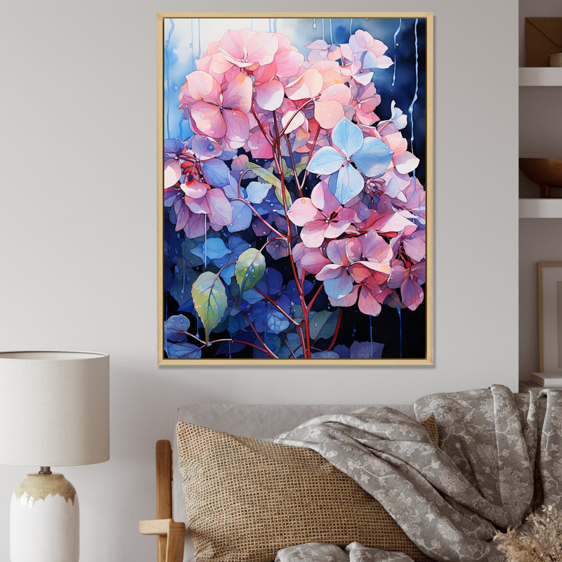 Hortensias bleus et mauves I, Cadre naturel flottant, H 44 po x l 34 po x P 1,5 po