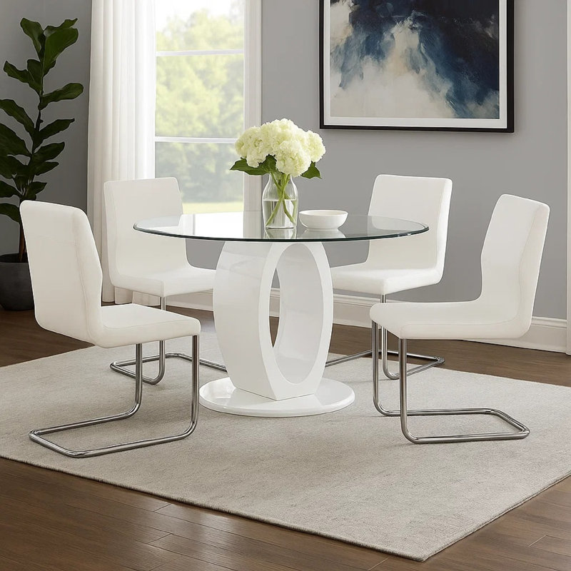 Ensemble de table de salle à manger 5 pièces Gregy, base ovale en piédestal, tissu blanc