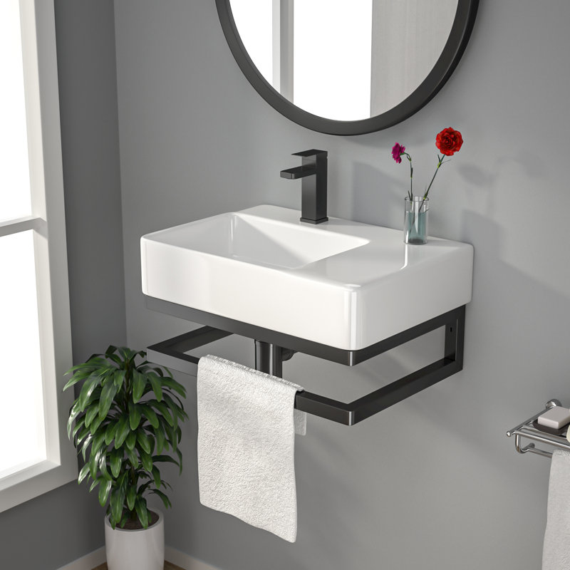 Lavabo de salle de bain mural 23 "X 16" avec support en acier inoxydable et tablette latérale avec lavabo flottant rectangulaire blanc