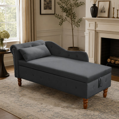 Luxueuse chaise longue en velours avec rangement et coussin, style Chesterfield classique pour chambre à coucher et salon