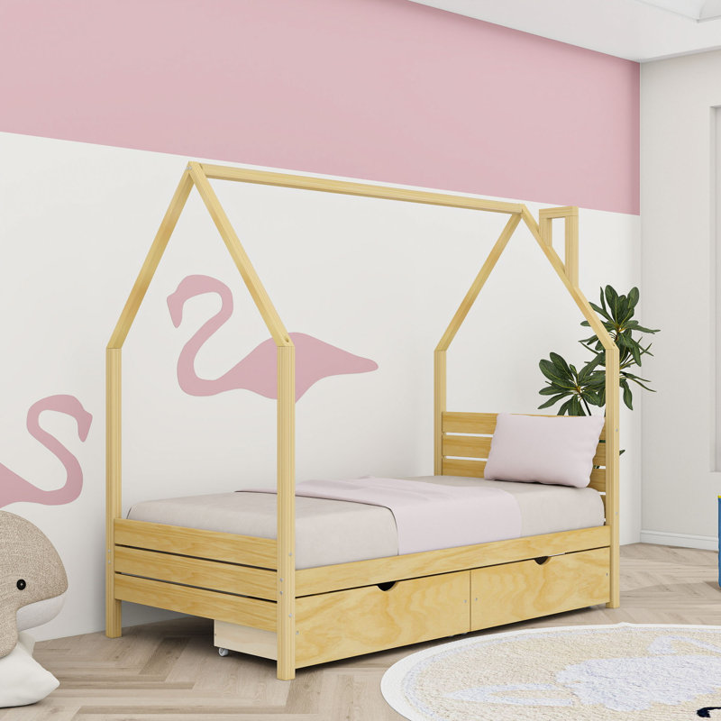 Lit en bois avec tiroirs de rangement, Lit simple, Naturel