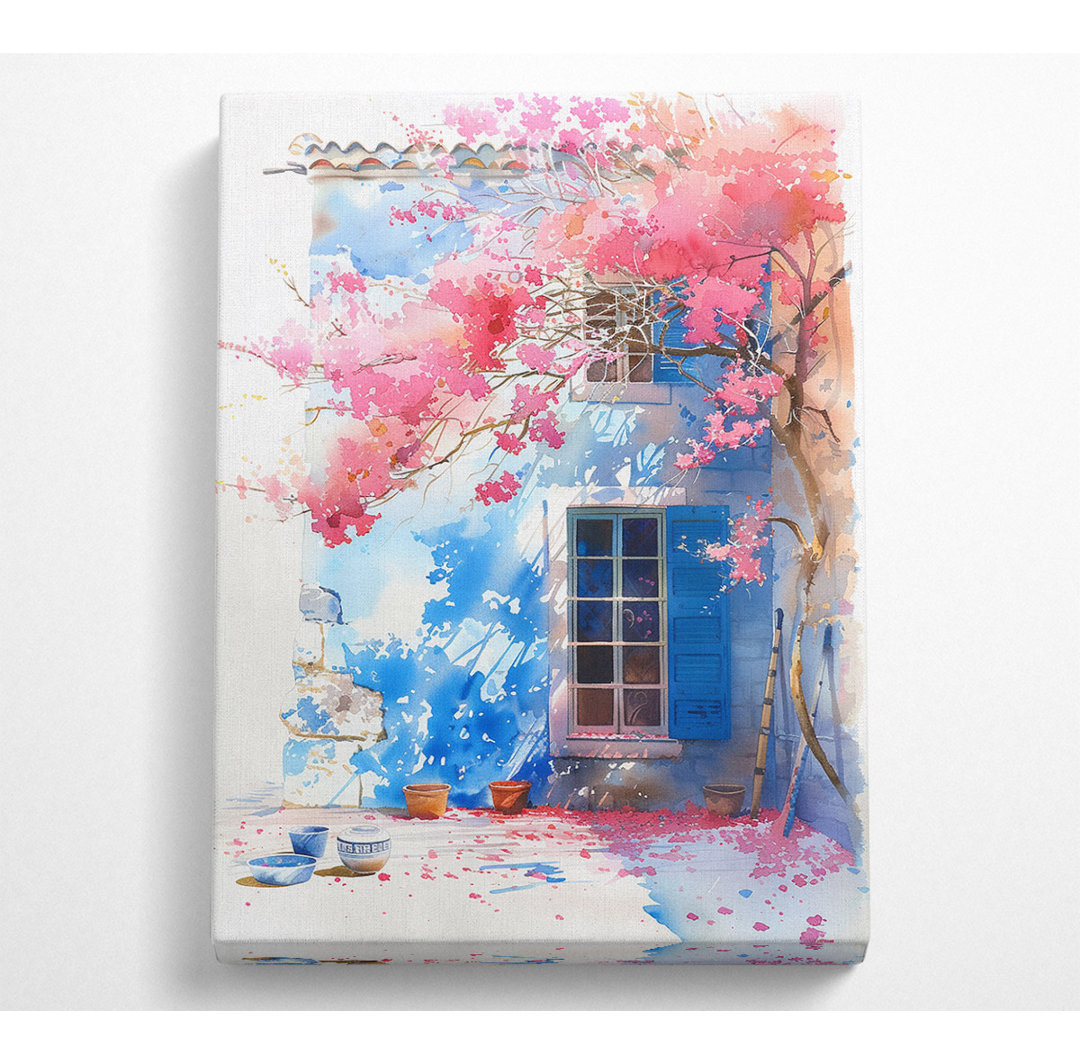 Pink Blossom Tree Blue House - No Frame Kunstdrucke auf Leinwand